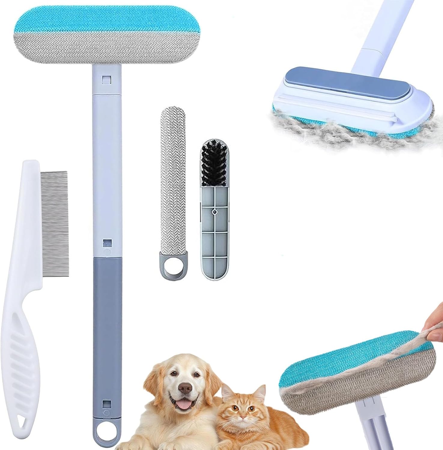Pet Hair Remover Brush - Reusable Multifunctional Pet Hair Removal Tool for Furniture, 4 In1 Cat and Dog Hair Removal, 17.3Inch Adjustable Long Handle, Gentle on Couch Carpets Bedding (1 Set)